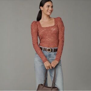 NWT Anthropologie Puff-Sleeve Sheer Lace Top Pink Size Small